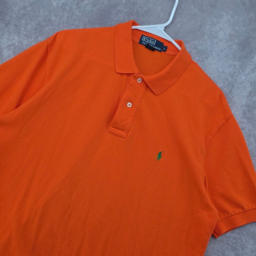 Polo Ralph Lauren Mens Large Orange Pique Polo Short Sleeve Cotton Green Pony